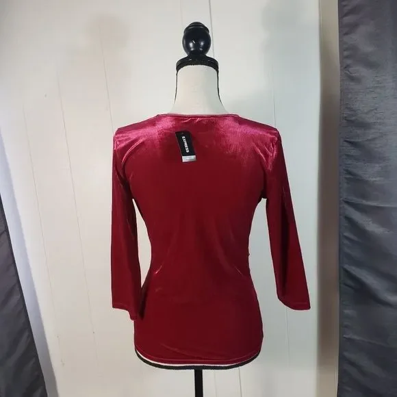 EXPRESS Red Velvet Ribbed Knot Front Stretch Wrap Blouse Size Medium NWT - Picture 4 of 4